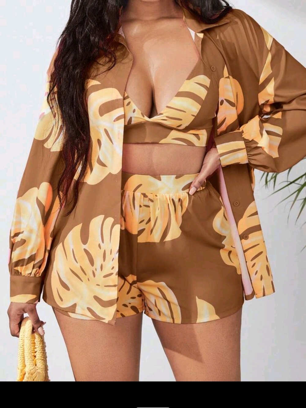 SHEIN Brown & Yellow Tropical Print Women's Bodysuit Romper